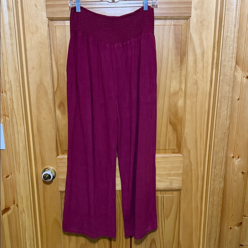 Wide-Leg Smocked Waist Pants - Berry
